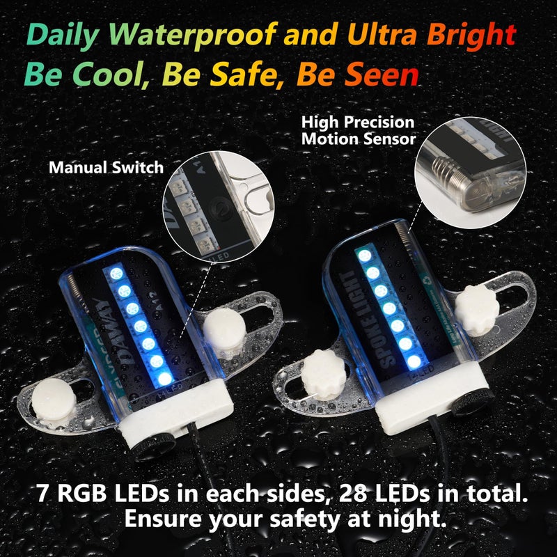 DAWAY A12+ LED Bike Wheel Lights for Night Riding, Waterproof Safety Bicycle Spoke Lights with Batteries Included, Bright Bike Accessories Gifts for Kids Adults, 30 Fun Patterns Change, 2-Tire Pack - Image 4