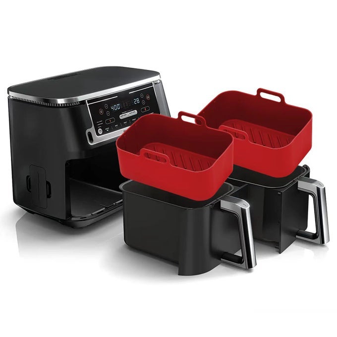 SILICONE AIR FRYER LINERS FOR NINJA FOODI DUAL DZ201DOUBLESTACK SL201 8QT 2PCS REUSABLE AIRFRYER DUAL BASKET FOR CHEFMAN 6QTINSTANT VORTEX PLUS XL 8QT NONSTICK EASY CLEANING FOOD SAFE RED