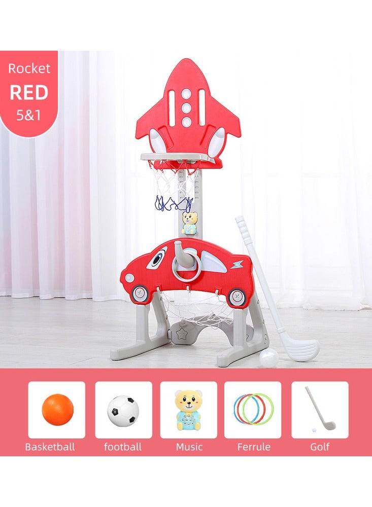 FULL JOY 5*1 Multifunctional Rocket Shape Basketball Set :Basketball, Soccer, Golf, Ring toss, Music ,Red  - Image 1