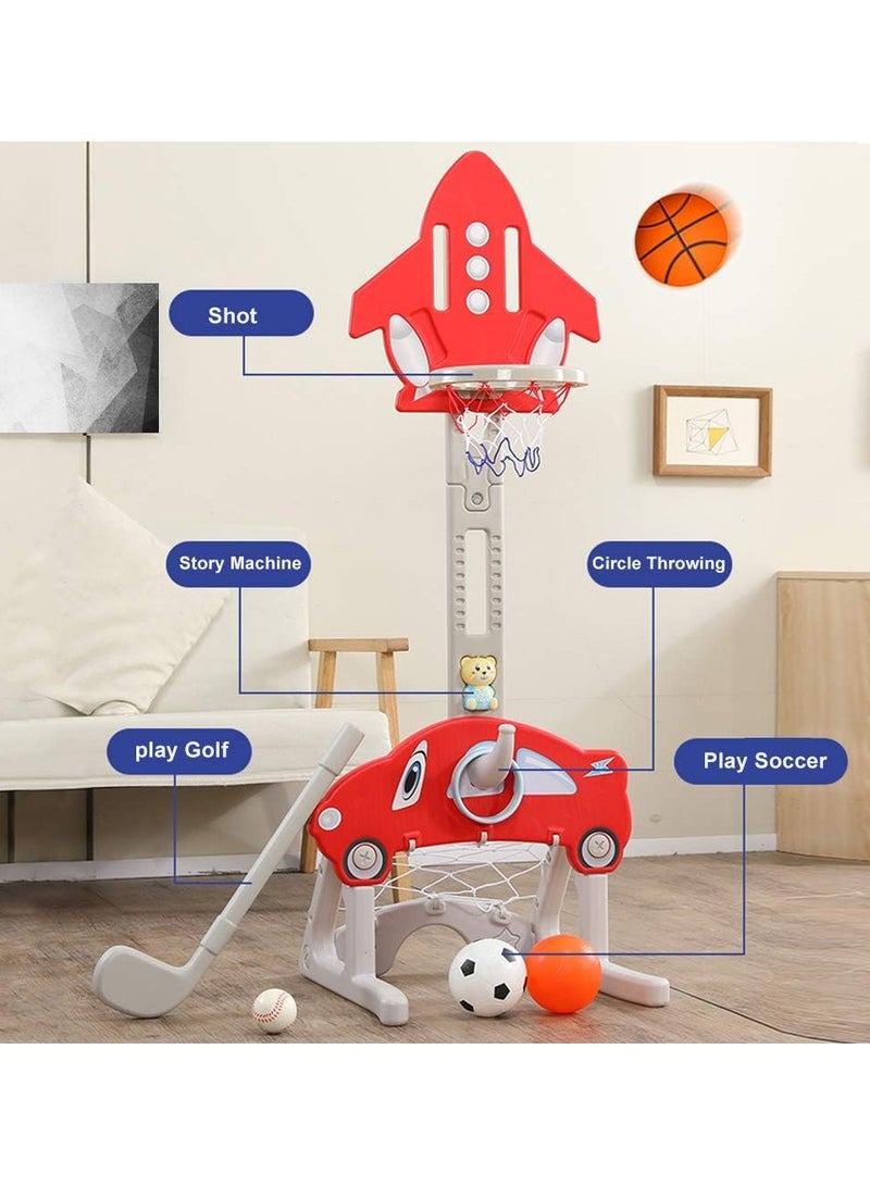 FULL JOY 5*1 Multifunctional Rocket Shape Basketball Set :Basketball, Soccer, Golf, Ring toss, Music ,Red  - Image 2