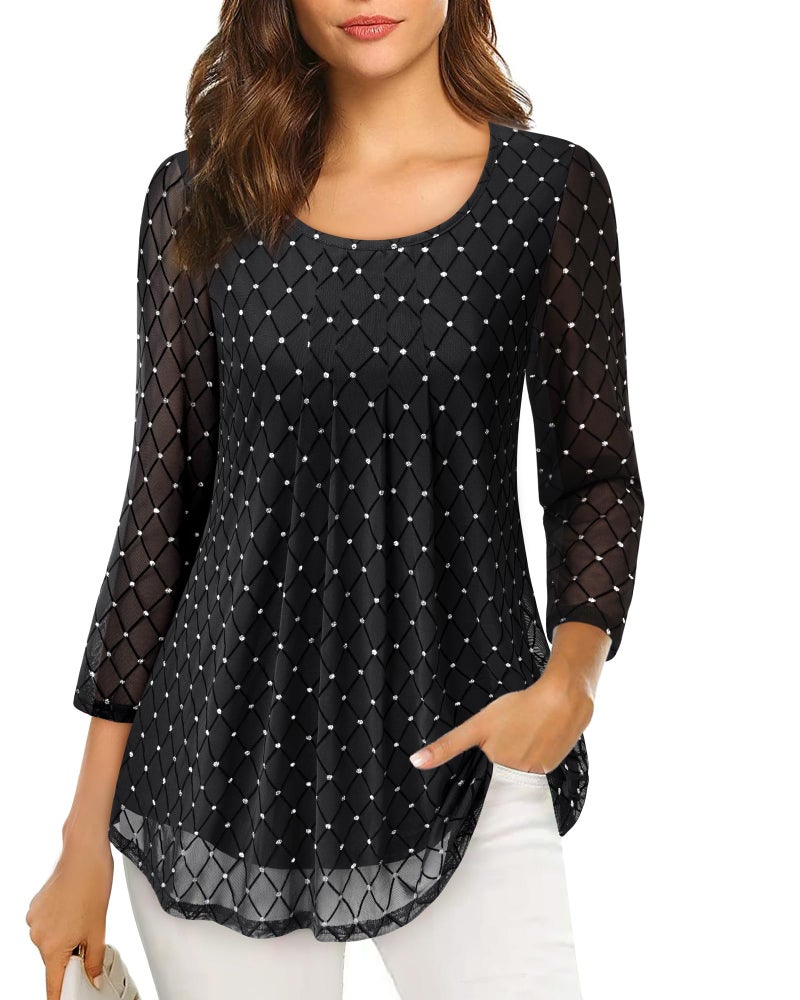 VALOLIA Party Tops For Women: 2025 Trendy 3/4 Sleeve Sparkly Diamond Black - Tops for Women Trendy - Disco Shirt Womens Shiny Glitter Sequin Chic Cozy Comfy Blouses For Formal Night Cruise XXXL - Image 1
