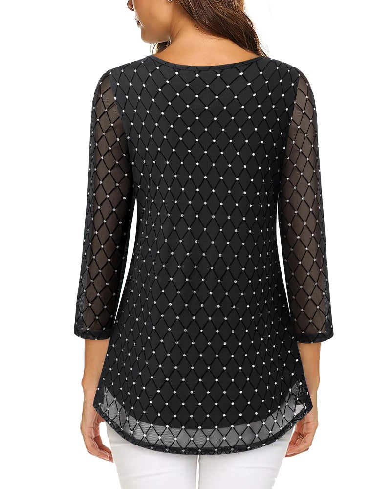 VALOLIA Party Tops For Women: 2025 Trendy 3/4 Sleeve Sparkly Diamond Black - Tops for Women Trendy - Disco Shirt Womens Shiny Glitter Sequin Chic Cozy Comfy Blouses For Formal Night Cruise XXXL - Image 2