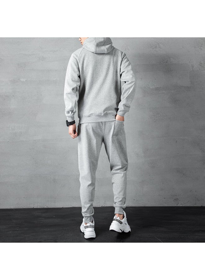 Vancamel Men's Hoodie Sweatshirt Set Spring And Autumn Sports Top And Pants Youth Casual Two-piece Light Gray 4XL - Image 1