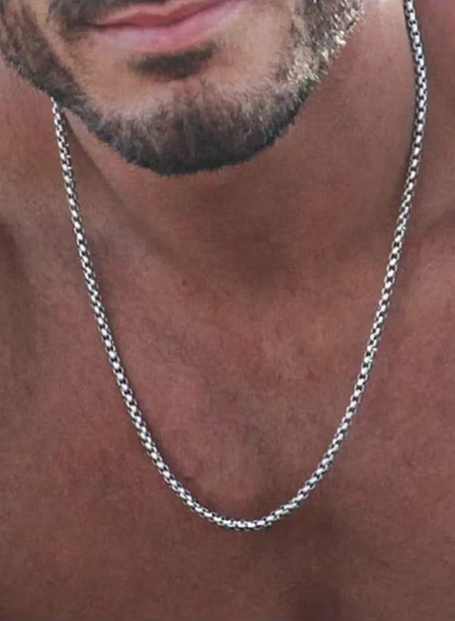 Square Pearl Chain Titanium Steel Chain Stainless Steel Chain, Men's Fashion Versatile Necklace (Silver, 2.5mm/65cm) - Image 1