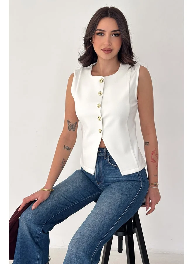 Noa Noa Women's Sleeveless Blouse with Gold Button Detail – Button Edge