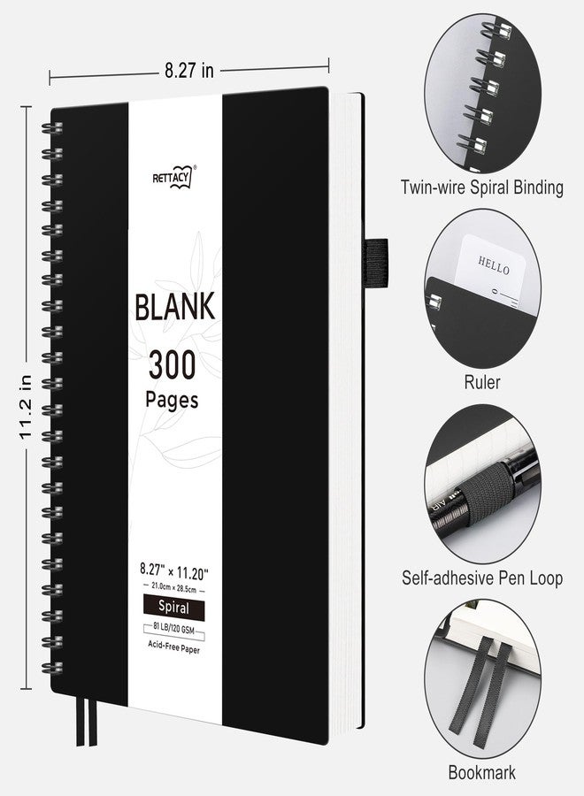 RETTACY Blank Journal Notebook, 300 Pages, A4 Large Size (8.2'' x 11.2''), 120 GSM Thick Paper, Flexible Plastic Cover, Spiral-bound, for Sketching, Drawing, Painting (Black) - Image 2
