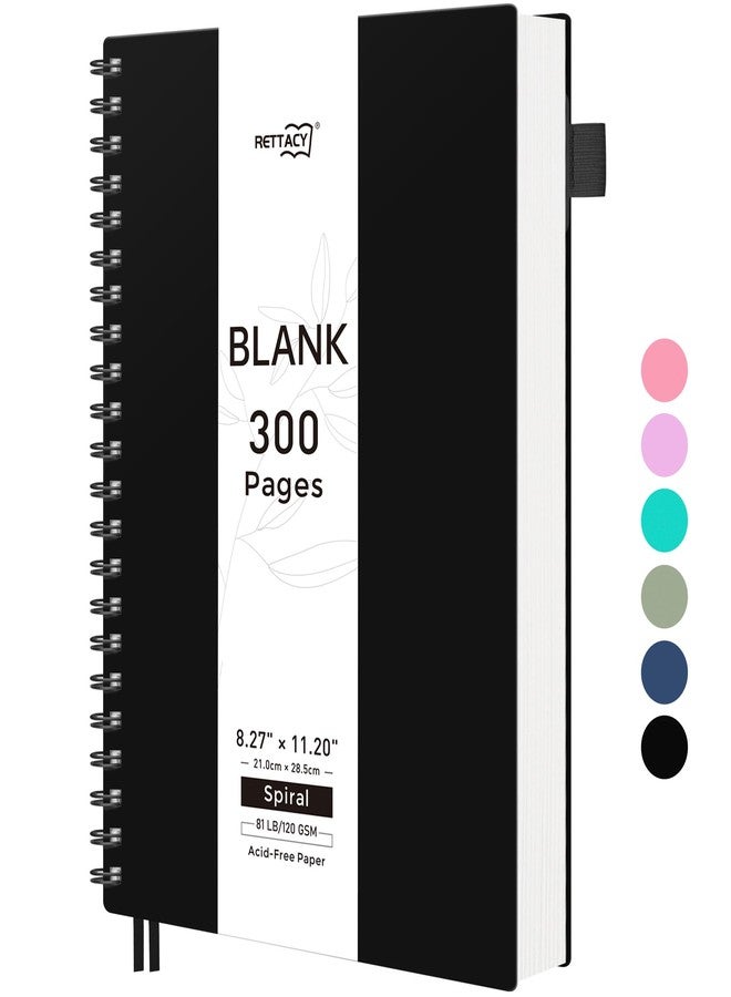 RETTACY Blank Journal Notebook, 300 Pages, A4 Large Size (8.2'' x 11.2''), 120 GSM Thick Paper, Flexible Plastic Cover, Spiral-bound, for Sketching, Drawing, Painting (Black) - Image 1