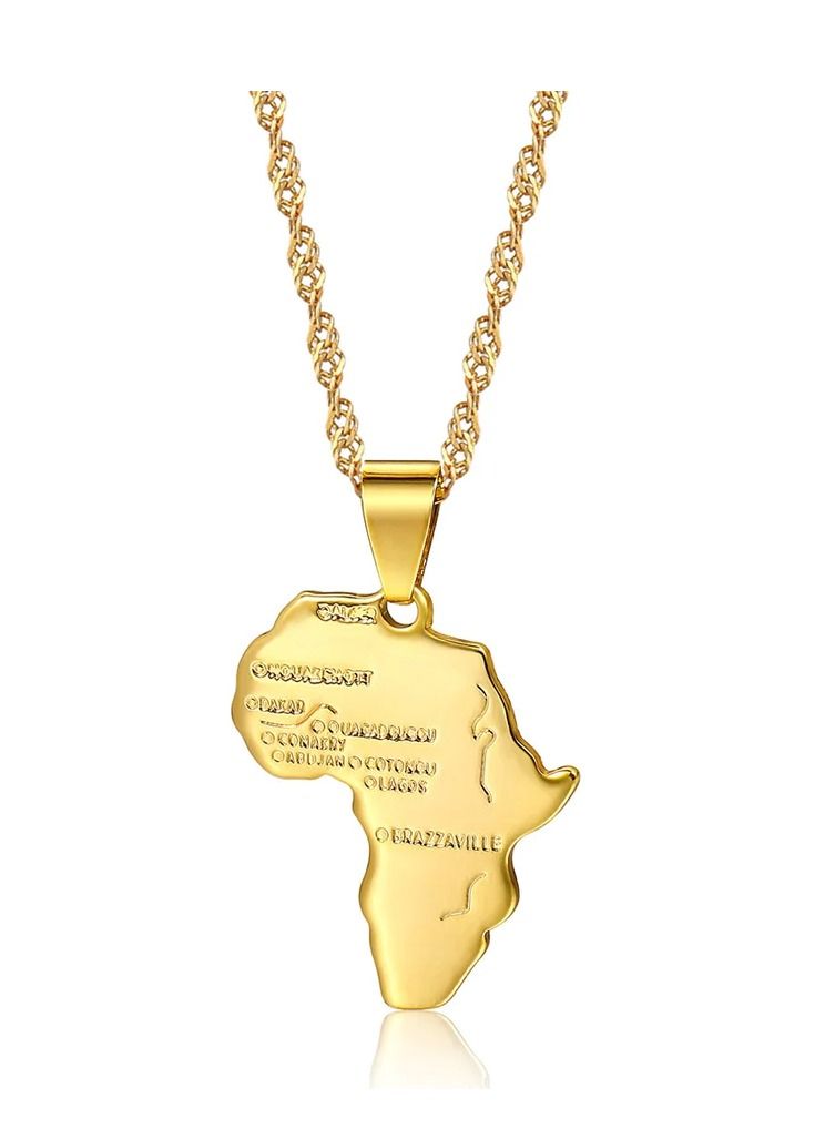 Africa Map Pendant and Letter Carved Design Map of Africa Shaped 18k Gold Plated Necklace, African gift for her, UNISEX African Pendant Gift - Image 1