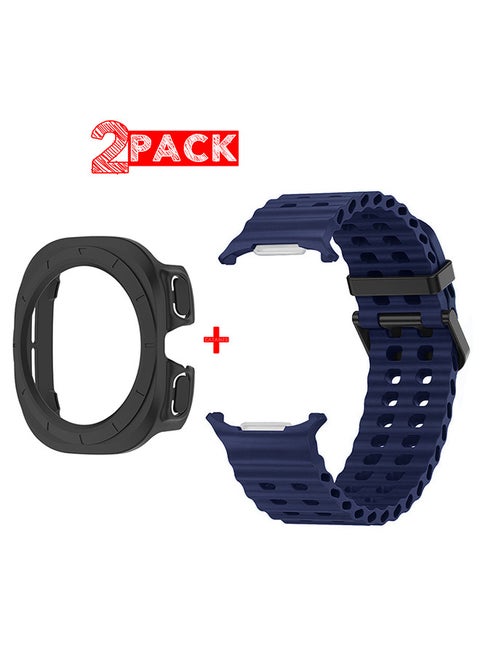 (for Samsung Galaxy Watch 7 Ultra 47mm) 2 Packs Silicone Band and Case, Soft Ocean Silicone Sport Strap Replacement Accessory
