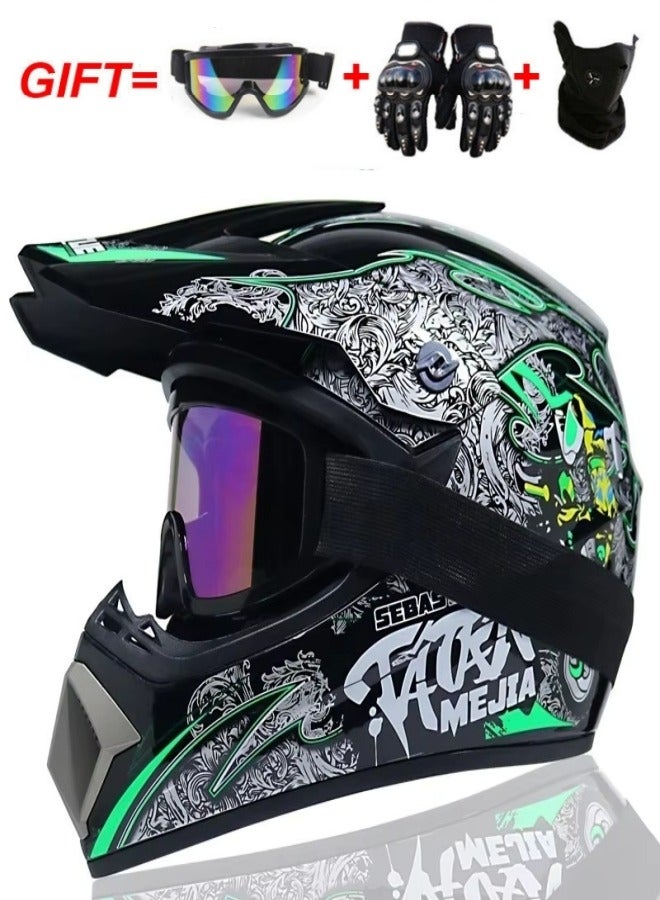 Kuqibao 4-Piece Full Face Racing Motorcycle Helmet Kit Protective Gear Motorcycle Helmets Street Bike Racing Moto Helmet Cartoon Car Helmet Electric Car Helmet Suitable For Young Boys And Girls ﻿Green - Image 1