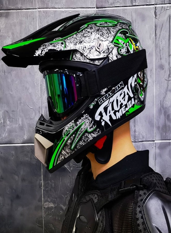 Kuqibao 4-Piece Full Face Racing Motorcycle Helmet Kit Protective Gear Motorcycle Helmets Street Bike Racing Moto Helmet Cartoon Car Helmet Electric Car Helmet Suitable For Young Boys And Girls ﻿Green - Image 3