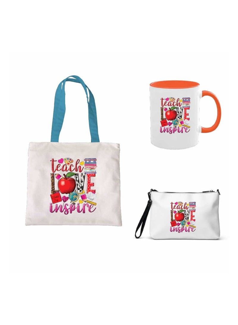 PRINTSHOP4ME Teacher's Day Combo Blue Handled Cotton Bag - Two Tone Orange Mugs and Cosmetic Pouch - Teacher's Day Stylish Gift Combo Set from Students - Image 1