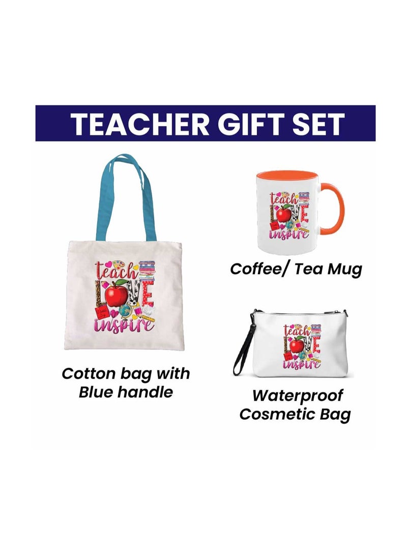 PRINTSHOP4ME Teacher's Day Combo Blue Handled Cotton Bag - Two Tone Orange Mugs and Cosmetic Pouch - Teacher's Day Stylish Gift Combo Set from Students - Image 2