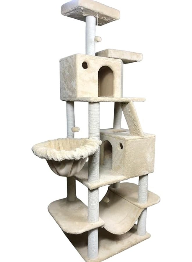 Pets House & Care Cat Scratching Post with Sisal Rope & Hanging Ball – Tall Kitty Activity Center with Carpeted Base, Durable & Easy to Assemble – 38×20 cm (Beige) - Image 1