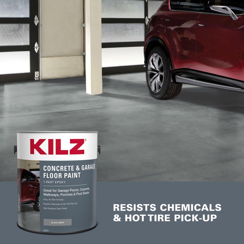 KILZ 1-Part Epoxy Acrylic Concrete & Garage Floor Paint, Slate Gray, Satin, Interior/Exterior Concrete Paint for Basement Floors, Porches, Driveways & Pool Decks, 1 Gallon - Image 3