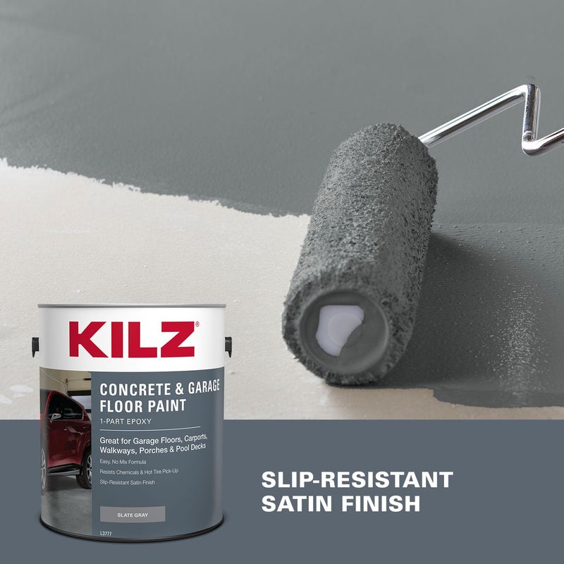 KILZ 1-Part Epoxy Acrylic Concrete & Garage Floor Paint, Slate Gray, Satin, Interior/Exterior Concrete Paint for Basement Floors, Porches, Driveways & Pool Decks, 1 Gallon - Image 4