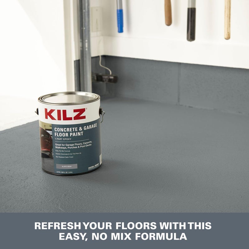 KILZ 1-Part Epoxy Acrylic Concrete & Garage Floor Paint, Slate Gray, Satin, Interior/Exterior Concrete Paint for Basement Floors, Porches, Driveways & Pool Decks, 1 Gallon - Image 2