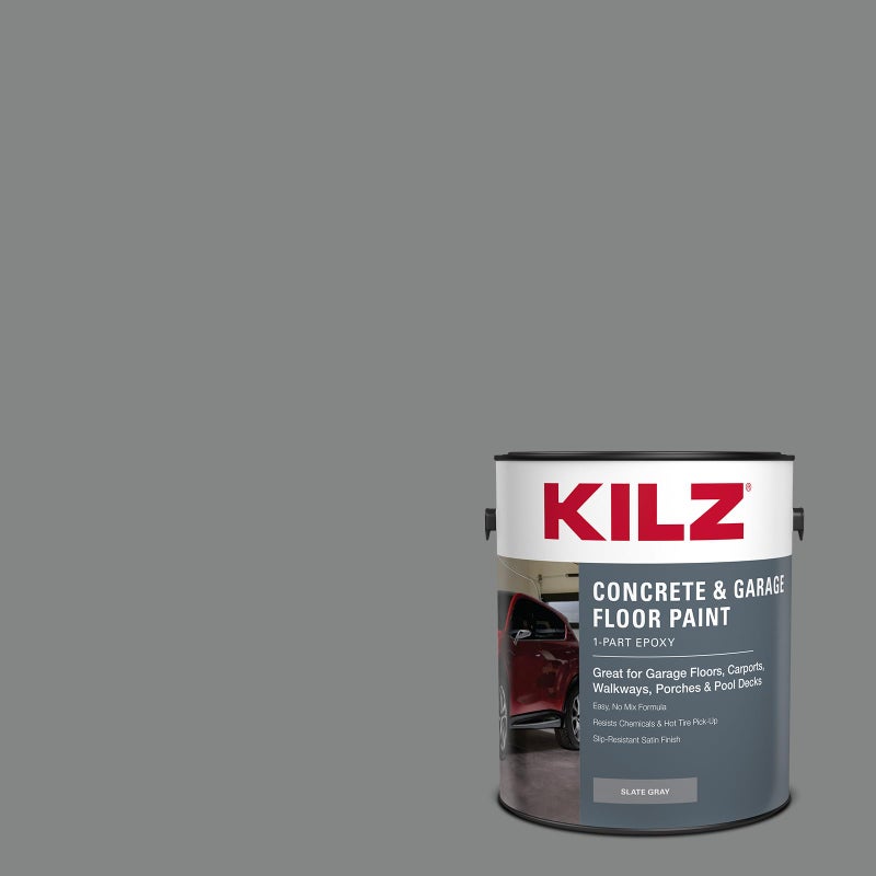KILZ 1-Part Epoxy Acrylic Concrete & Garage Floor Paint, Slate Gray, Satin, Interior/Exterior Concrete Paint for Basement Floors, Porches, Driveways & Pool Decks, 1 Gallon - Image 1