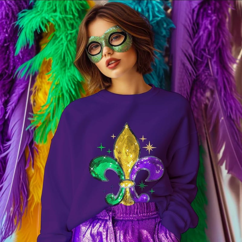BEIDEFY Mardi Sweatshirt for Women Sequin Fat Tuesday Long Sleeve Shirt New Orleans Carnival Party Pullover Top Purple - Image 2