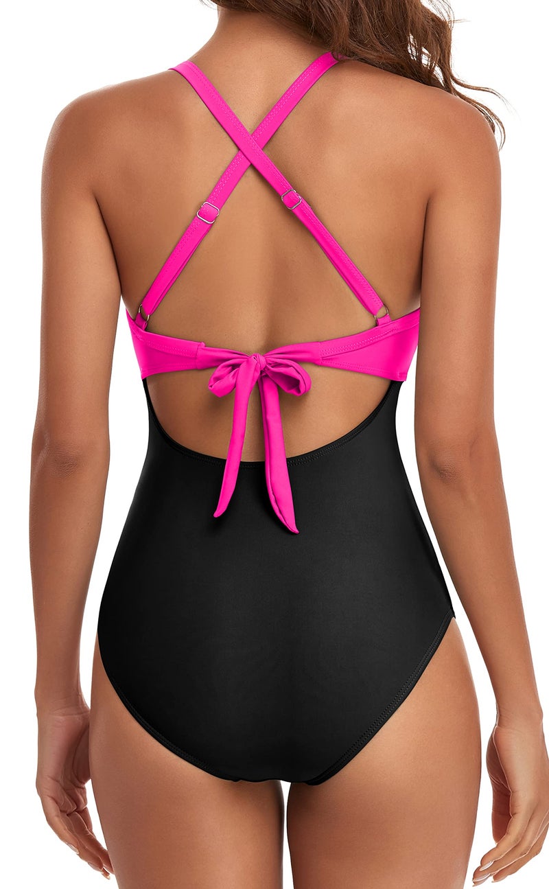 Eomenie Women's One Piece Swimsuits Tummy Control Cutout High Waisted Bathing Suit Wrap Tie Back 1 Piece Swimsuit Hot Pink Black - Image 3