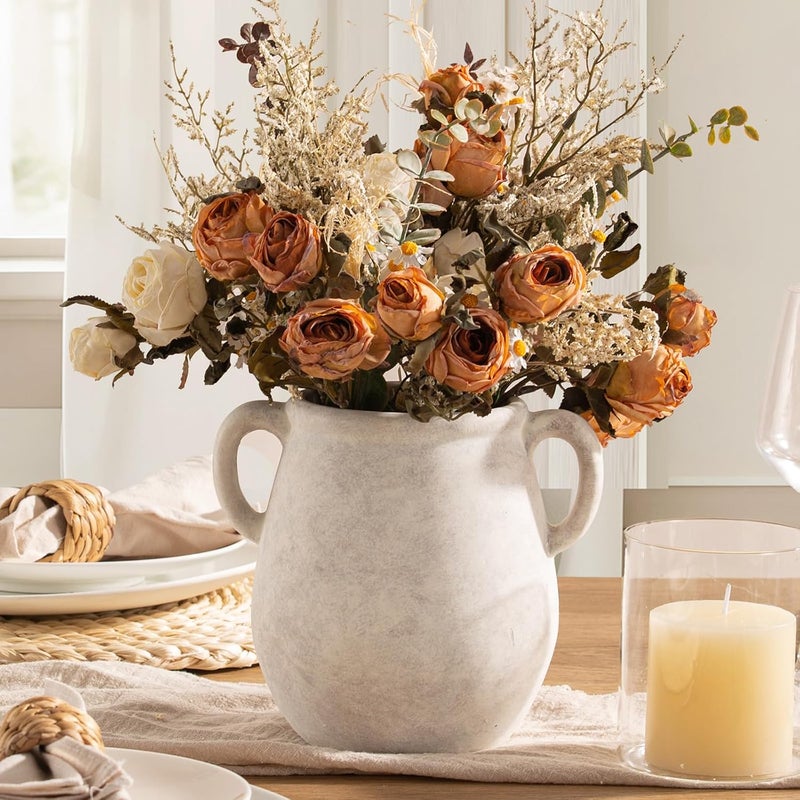 Vanselia Ceramic Flower Vase Home Decor - 7.1 Inch White Rustic Table Flowers Vases Living Room Bedroom Plant Decoration Modern Farmhouse Vintage for Kitchen Shelf Office Coffee Dining Desk House Women - Image 1