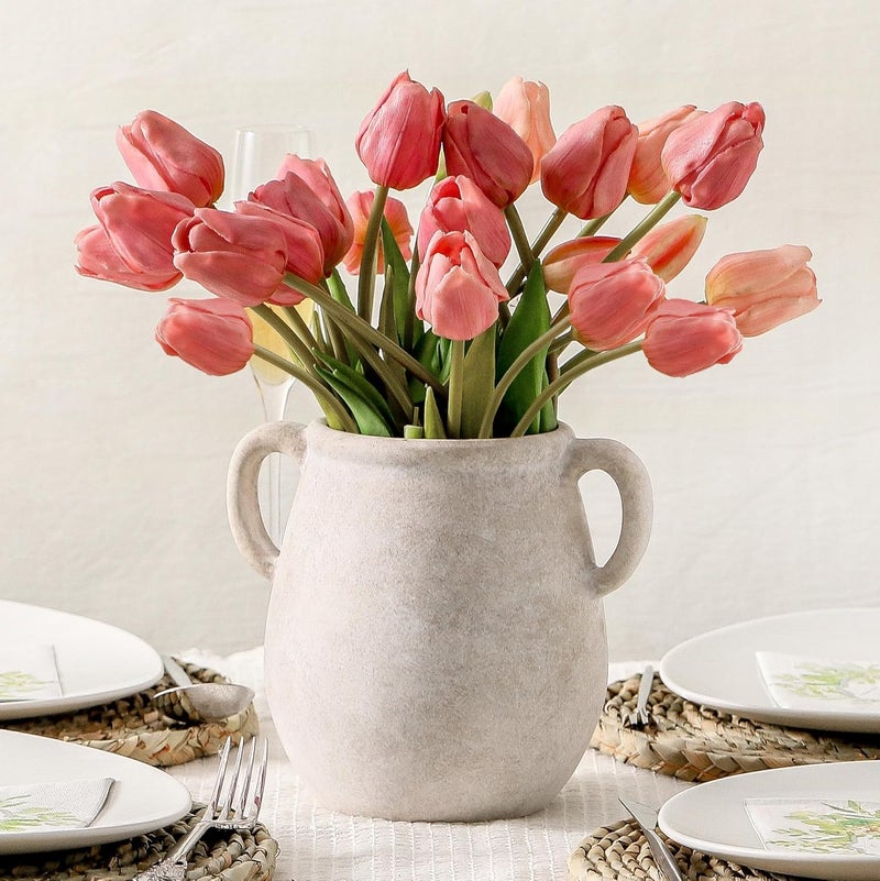 Vanselia Ceramic Flower Vase Home Decor - 7.1 Inch White Rustic Table Flowers Vases Living Room Bedroom Plant Decoration Modern Farmhouse Vintage for Kitchen Shelf Office Coffee Dining Desk House Women - Image 4