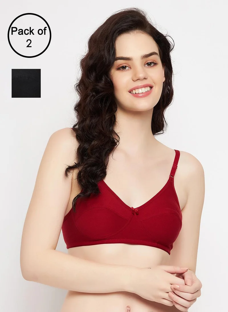Clovia Clovia Pack of 2 Non-Padded Non-Wired Full Coverage Bra in Black || Maroon - Cotton