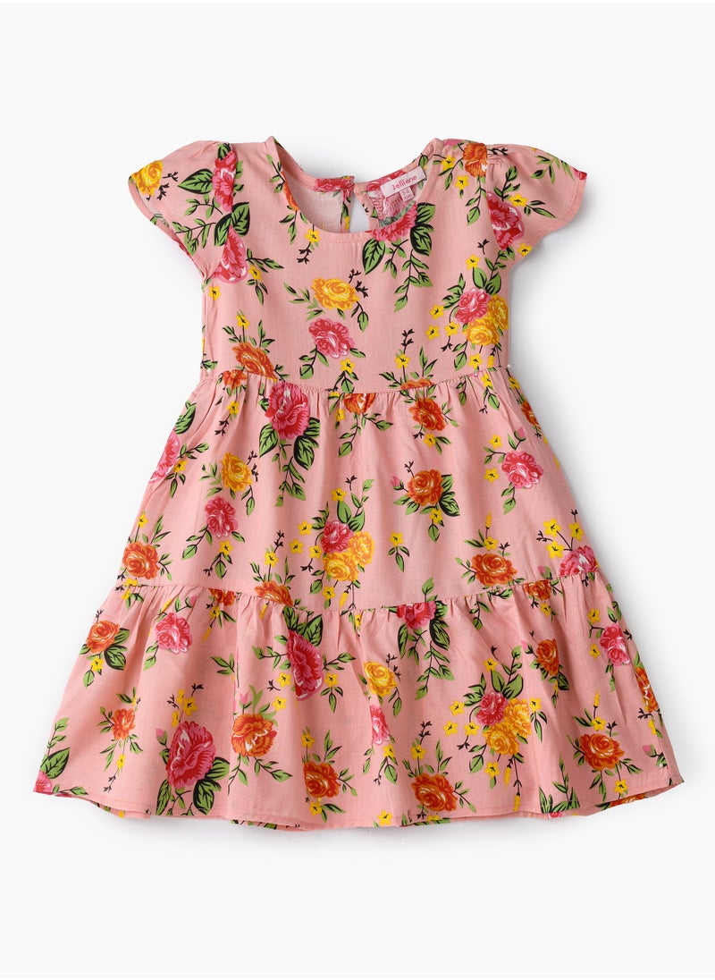Jelliene Girls' Pink Floral Tiered Dress  - Image 1