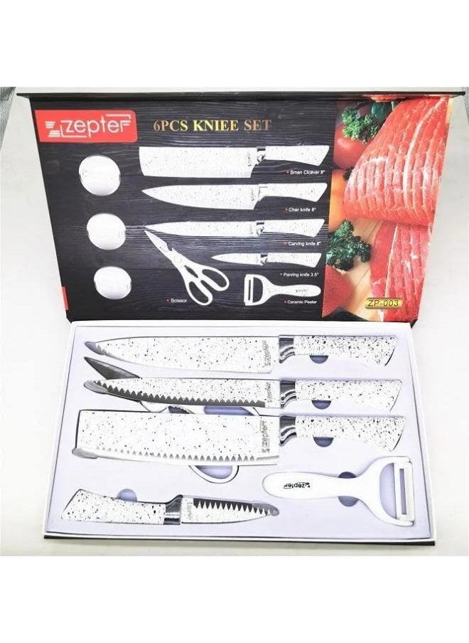 zepter - Zepter 6 Pieces Knife Set- Stainless Steel-With Strong Non-Stick Coating -Unique Design Easy-Grip Handle, Dishwasher-safe, White - Image 1