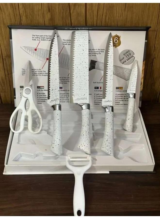 zepter - Zepter 6 Pieces Knife Set- Stainless Steel-With Strong Non-Stick Coating -Unique Design Easy-Grip Handle, Dishwasher-safe, White - Image 1