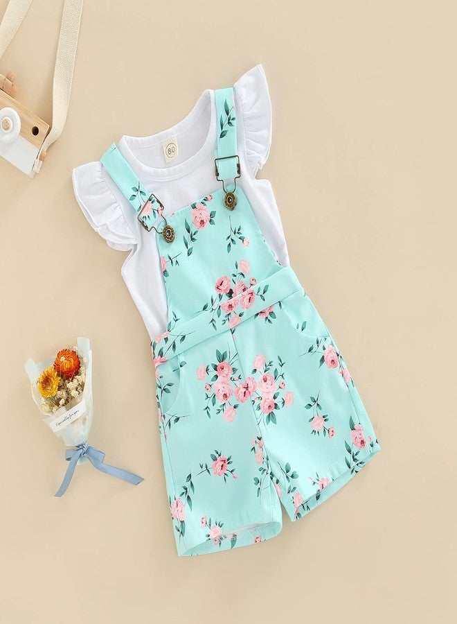 DSORVICD Toddler Baby Girl Overalls Ruffle Sleeve T-Shirt Top Floral Suspender Short Pants Little Kids Summer Clothes Set (Green, 3-4 Years) - Image 4