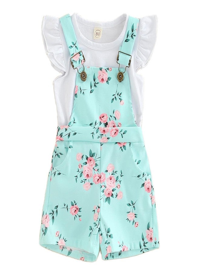 DSORVICD Toddler Baby Girl Overalls Ruffle Sleeve T-Shirt Top Floral Suspender Short Pants Little Kids Summer Clothes Set (Green, 3-4 Years) - Image 1