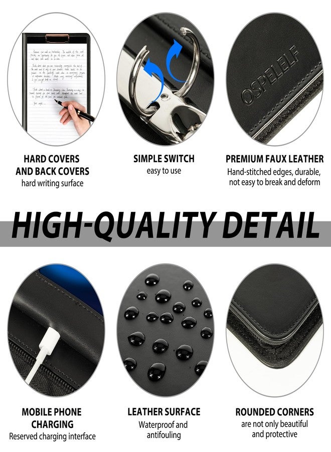 Ospelelf Leather Clipboard with Storage, Zippered Padfolio Portfolio Organizer, 3 Ring Binder 1 Inch, Notepad, Tablet Sleeve, 5 Dividers with Pocket, Stickets for Office, Nurses, Students, Teachers Black - Image 5