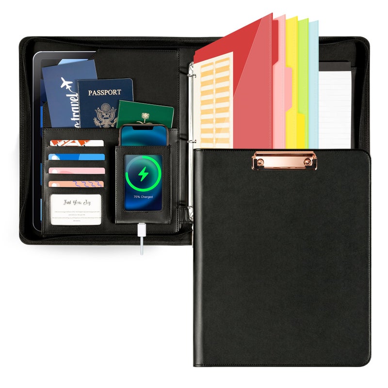 Ospelelf Leather Clipboard with Storage, Zippered Padfolio Portfolio Organizer, 3 Ring Binder 1 Inch, Notepad, Tablet Sleeve, 5 Dividers with Pocket, Stickets for Office, Nurses, Students, Teachers Black - Image 1
