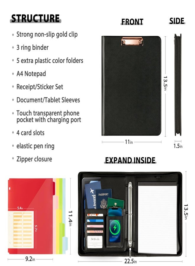 Ospelelf Leather Clipboard with Storage, Zippered Padfolio Portfolio Organizer, 3 Ring Binder 1 Inch, Notepad, Tablet Sleeve, 5 Dividers with Pocket, Stickets for Office, Nurses, Students, Teachers Black - Image 2
