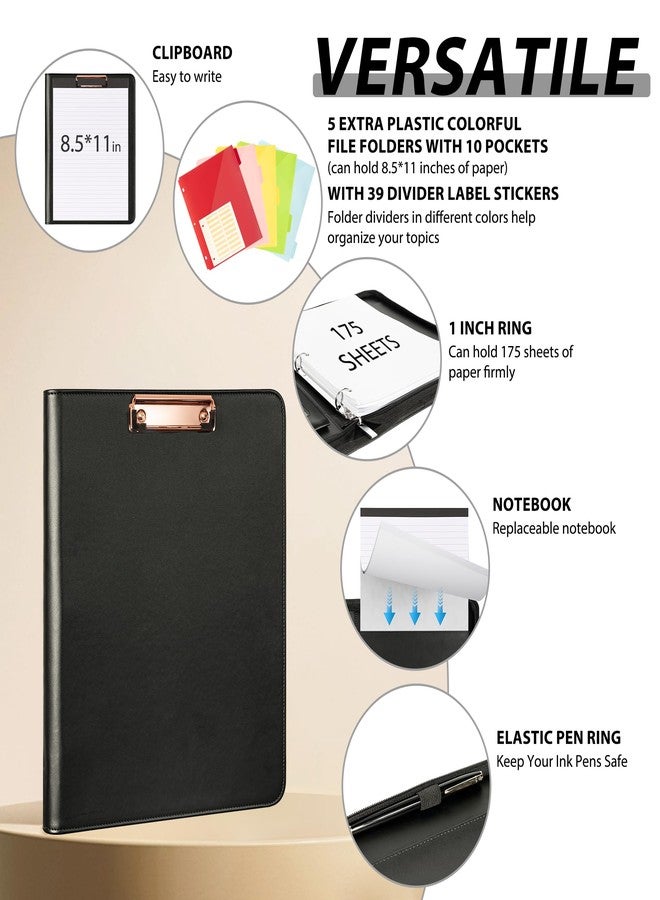Ospelelf Leather Clipboard with Storage, Zippered Padfolio Portfolio Organizer, 3 Ring Binder 1 Inch, Notepad, Tablet Sleeve, 5 Dividers with Pocket, Stickets for Office, Nurses, Students, Teachers Black - Image 3