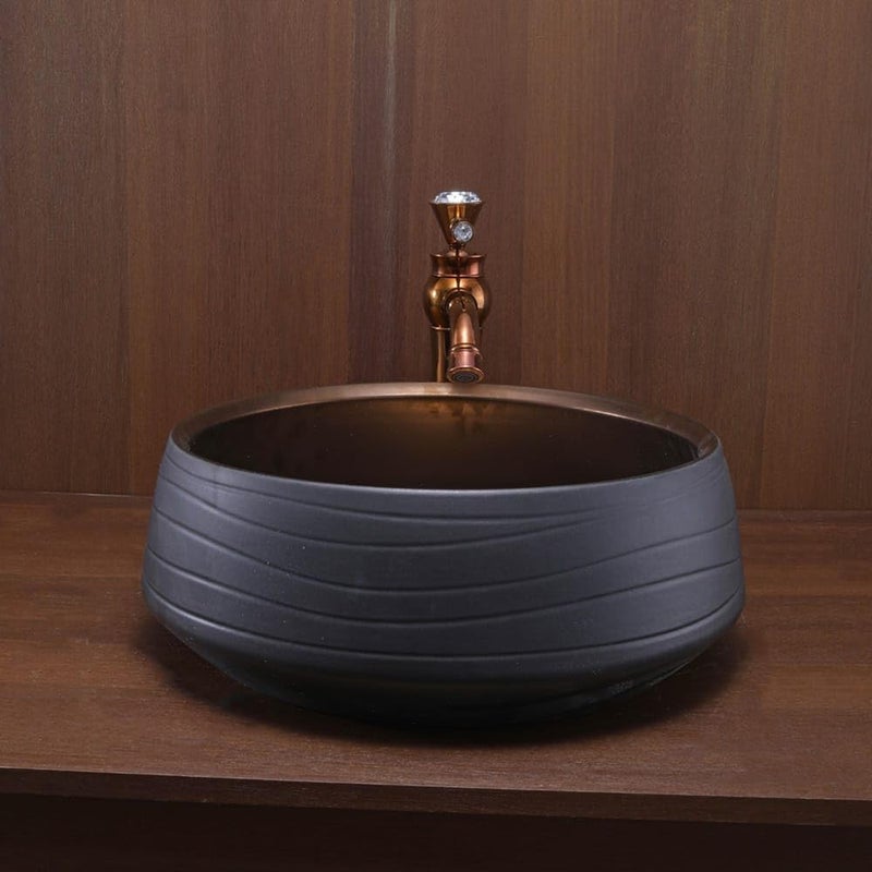OBLONG Table Top Wash Basin Wash Basin Countertop Tabletop Ceramic Bathroom Sink Vessel Sink Over Counter Marble Wash Basin For Bathroom Black Copper  - Image 3