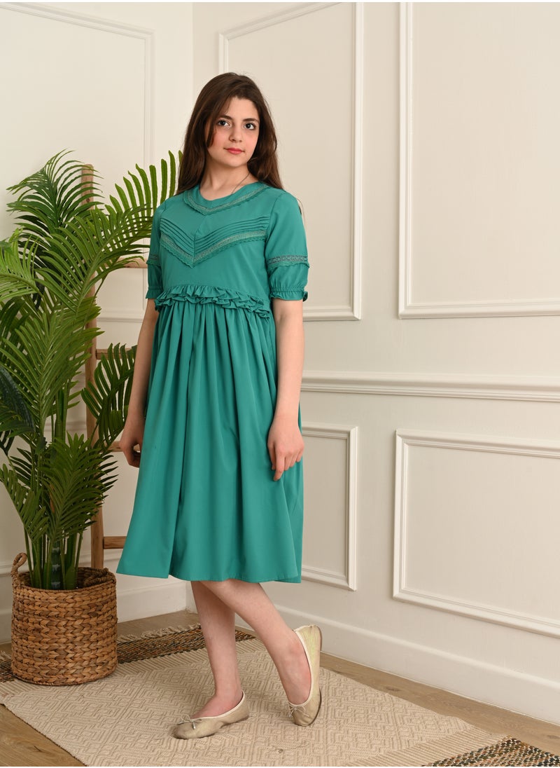 FULL JOY - Elegant Girls' Dress with text sleeves ,Blue - Image 1