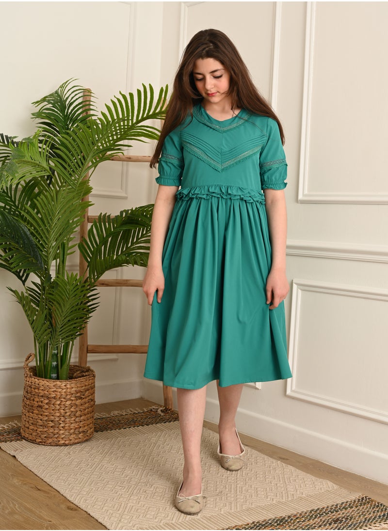 FULL JOY - Elegant Girls' Dress with text sleeves ,Blue - Image 1