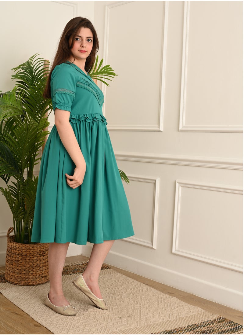 FULL JOY - Elegant Girls' Dress with text sleeves ,Blue - Image 1