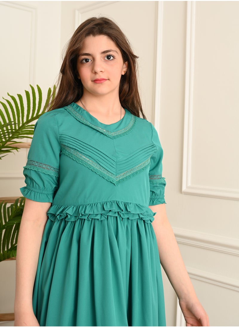 FULL JOY - Elegant Girls' Dress with text sleeves ,Blue - Image 1