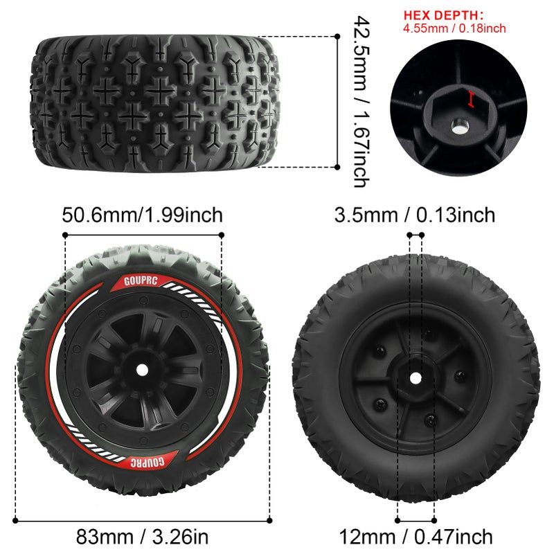 GOUP RC GOUPRC 12mm Hex RC Wheel Tires Set, 3.26 * 1.67 Inches 4PCS Swamp Claw Mud Terrain Tires Accessories for 1/14 1/16 RC Car Crawler Buggy Truck - Image 2