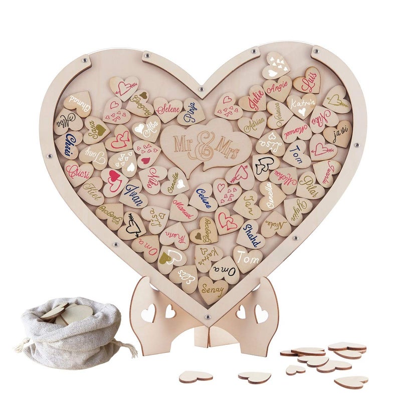 إطار صور خشبي من YK Homish لكتاب ضيوف الزفاف مع علامة إطار قابلة للسقوط وقلوب خشبية زينة ريفية وهدايا طبيعية