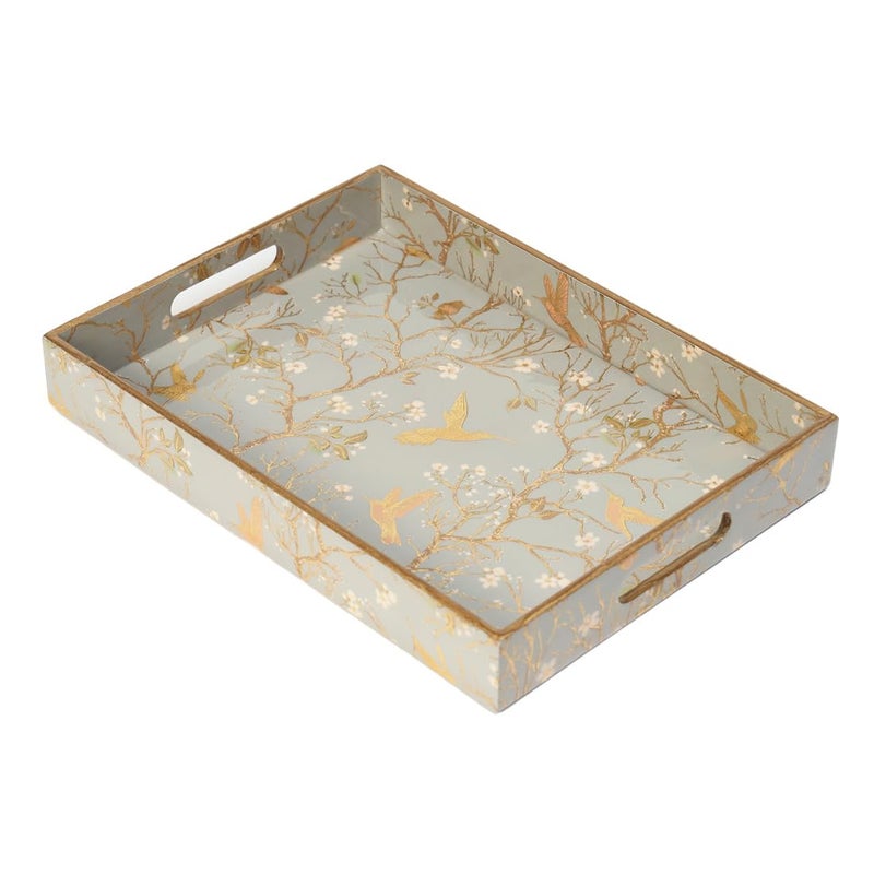 DULI Wooden Serving Tray with Enamel Coating | Golden Humming Birds on Tree Branches Print |Rectangular Tray (15x11x2 inch) | Waterproof, Durable, Elegant Décor | Made in India | 1 Piece (SilverBirds) - Image 4