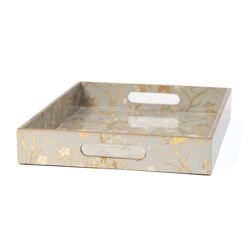 DULI Wooden Serving Tray with Enamel Coating | Golden Humming Birds on Tree Branches Print |Rectangular Tray (15x11x2 inch) | Waterproof, Durable, Elegant Décor | Made in India | 1 Piece (SilverBirds) - Image 5