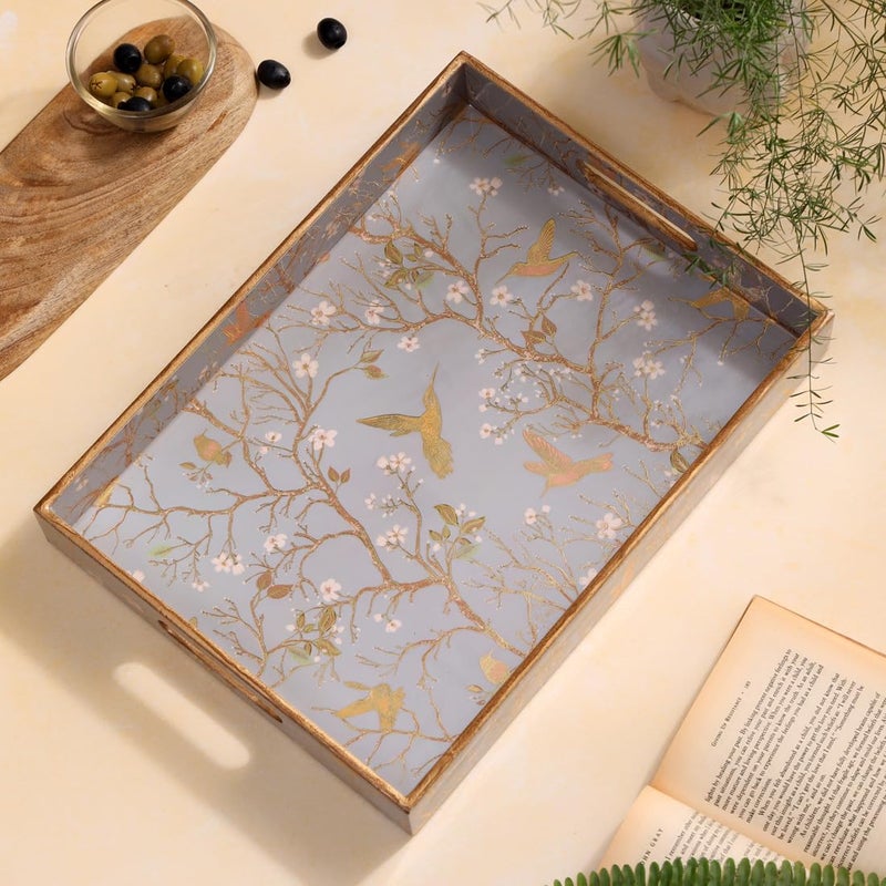 DULI Wooden Serving Tray with Enamel Coating | Golden Humming Birds on Tree Branches Print |Rectangular Tray (15x11x2 inch) | Waterproof, Durable, Elegant Décor | Made in India | 1 Piece (SilverBirds) - Image 1