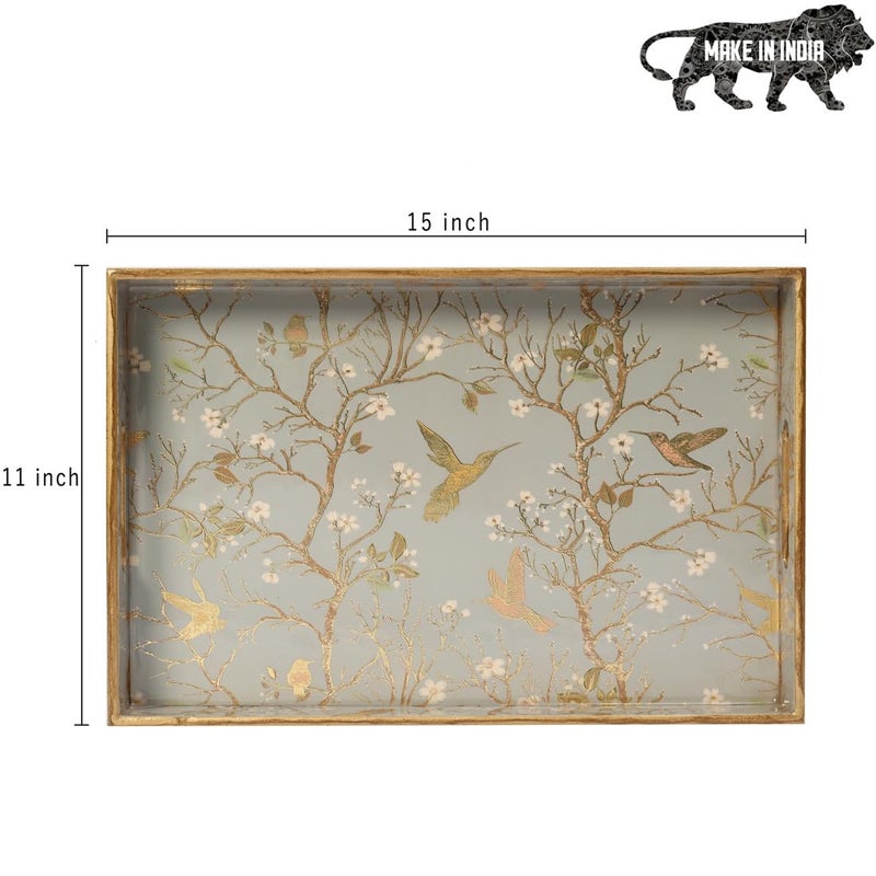 DULI Wooden Serving Tray with Enamel Coating | Golden Humming Birds on Tree Branches Print |Rectangular Tray (15x11x2 inch) | Waterproof, Durable, Elegant Décor | Made in India | 1 Piece (SilverBirds) - Image 3