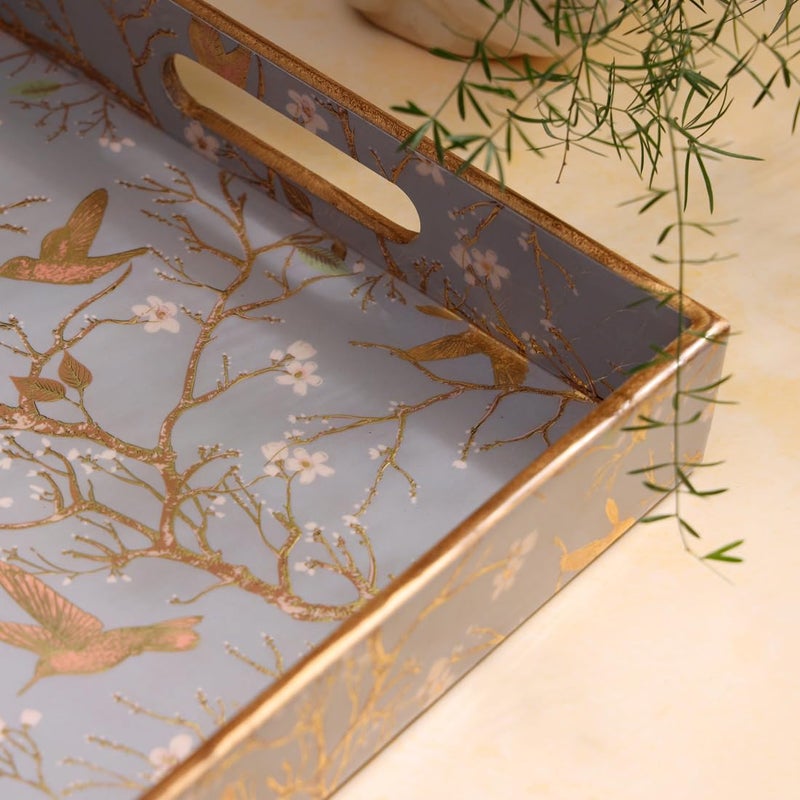 DULI Wooden Serving Tray with Enamel Coating | Golden Humming Birds on Tree Branches Print |Rectangular Tray (15x11x2 inch) | Waterproof, Durable, Elegant Décor | Made in India | 1 Piece (SilverBirds) - Image 2