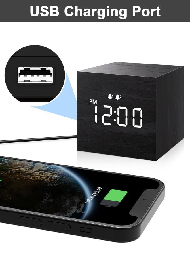 Jall Digital Alarm Clock, with Wooden Electronic LED Time Display, 3 Alarm, 2.5-inch Cubic Small Mini Wood Made Electric Clocks for Bedroom, Bedside, Desk, Black - Image 2