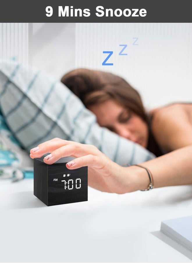 Jall Digital Alarm Clock, with Wooden Electronic LED Time Display, 3 Alarm, 2.5-inch Cubic Small Mini Wood Made Electric Clocks for Bedroom, Bedside, Desk, Black - Image 3